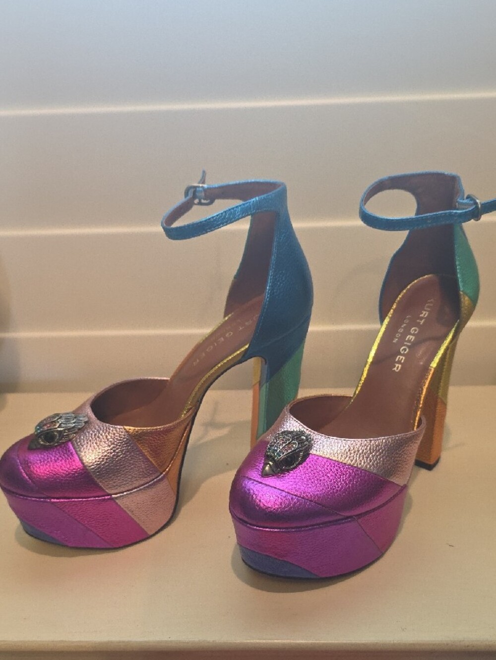 New Kurt Geiger Metallic Purple & Blue Ankle-Strap Platform Sandals - Picture 3 of 5